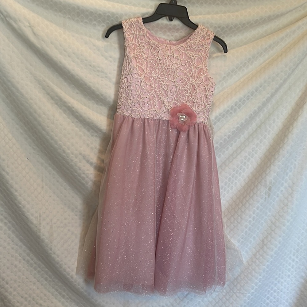 Size  16 girls pink lace & Shimmery net  dress with puffed  double lining.
